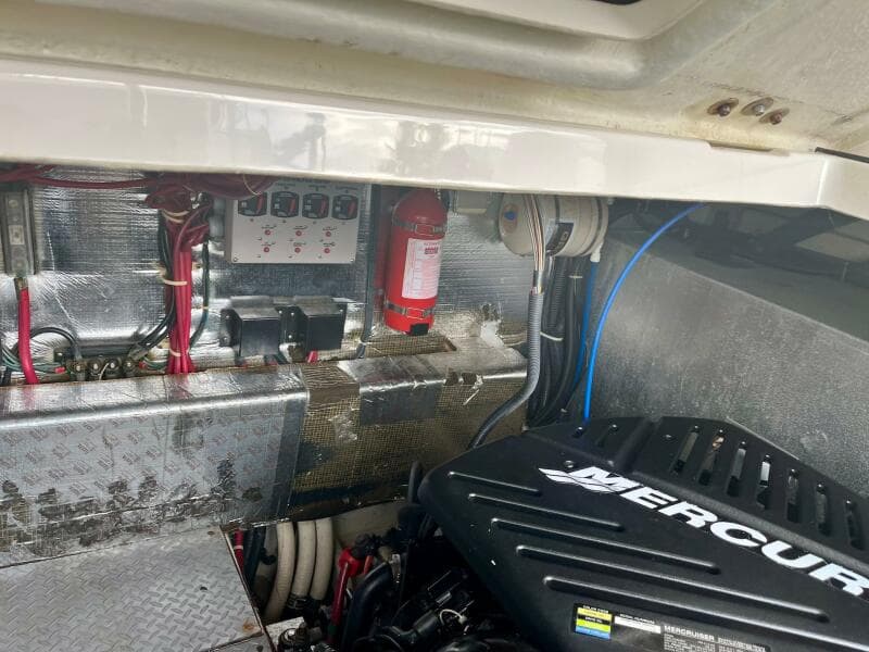 Engine compartment of a 2003 Regal Commodore 3860 boat with Mercury engine.
