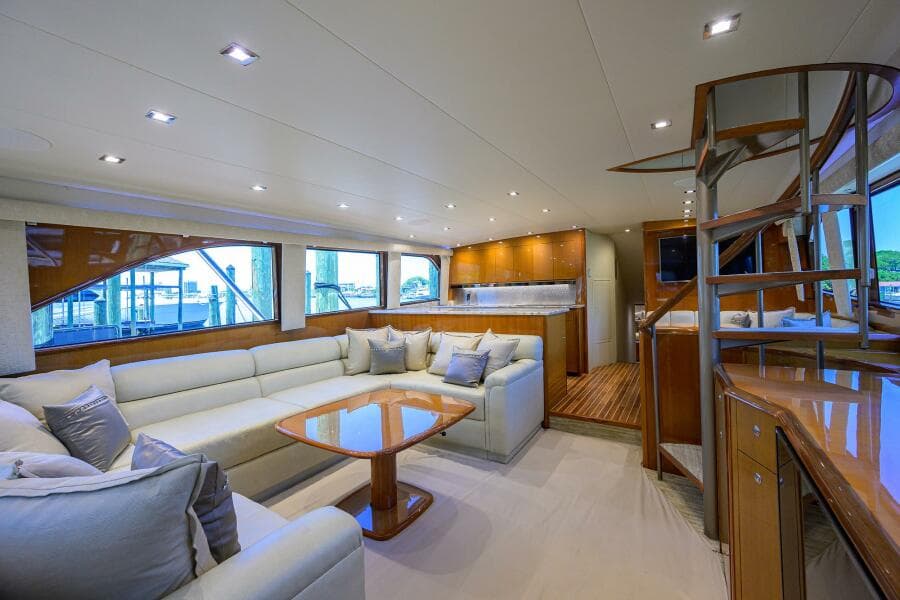 Luxurious interior of 2004 Viking 65 Enclosed Bridge yacht with modern furnishings.