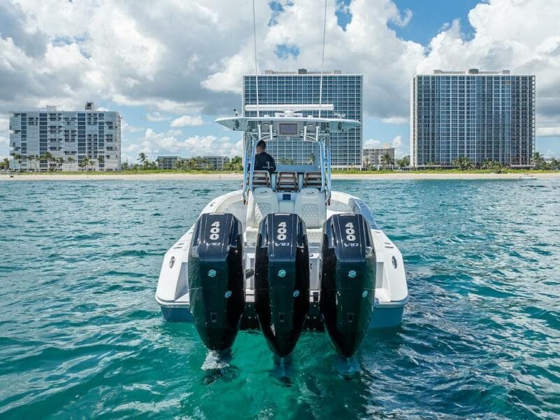 2025 Billfish 39 Center Console boat with triple 400 engines on the water.