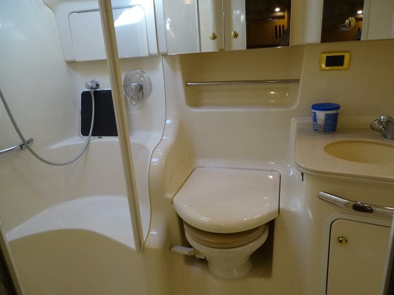 2001 Sea Ray 410 Sundancer bathroom with shower, toilet, and sink.