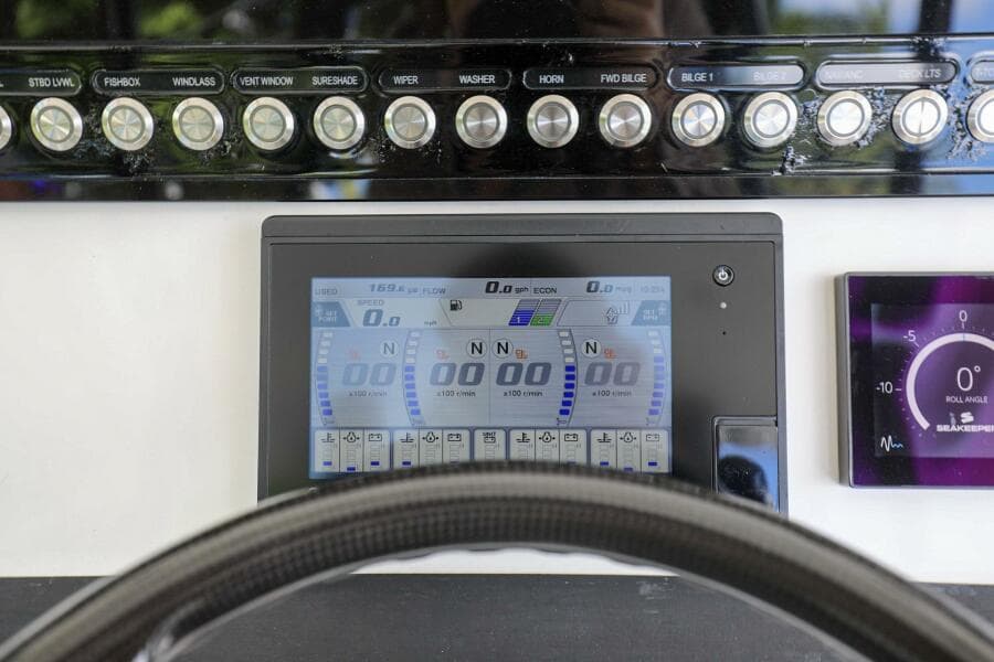 Control panel of a 2020 Regulator 41 boat with digital display and buttons.