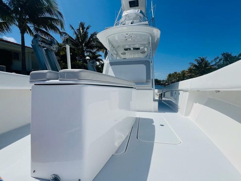 2015 Billfish 39 Custom CC boat with sleek white deck and modern design.