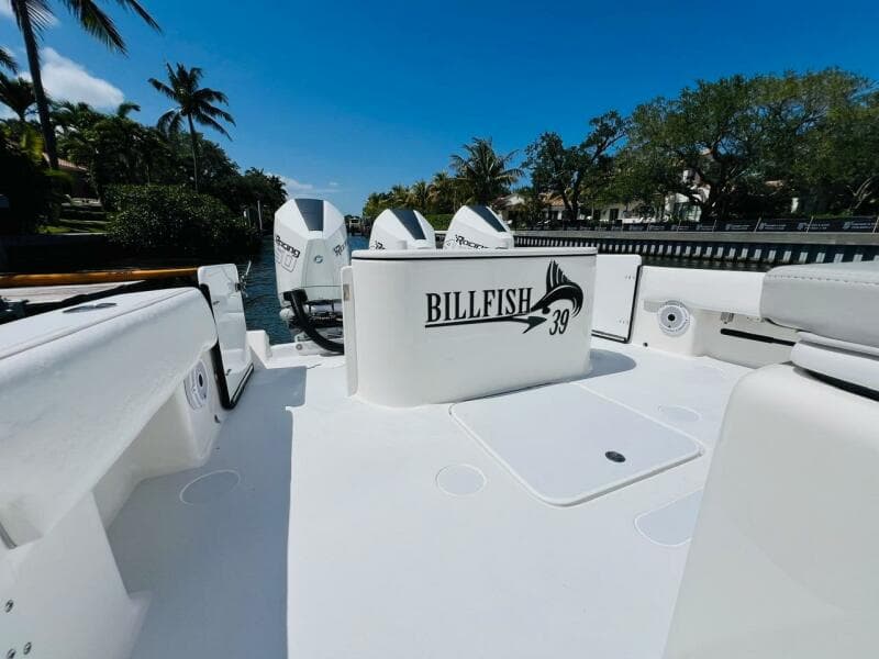 2015 Billfish 39 Custom CC boat deck with twin outboard motors.
