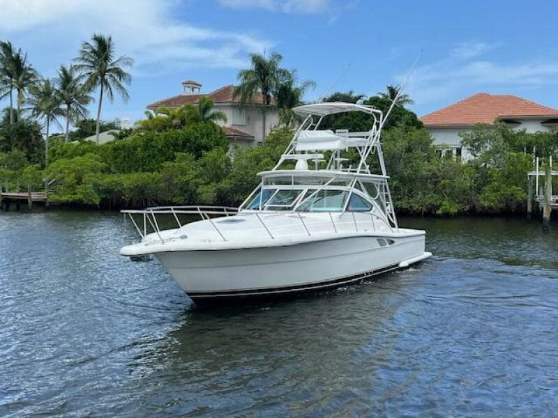 2003 Tiara Yachts 3800 Open cruising on a scenic waterway with palm trees.