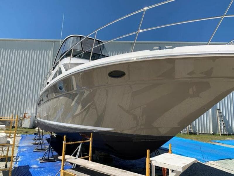 2006 Sea Ray 52 Sedan Bridge yacht in dry dock for maintenance.