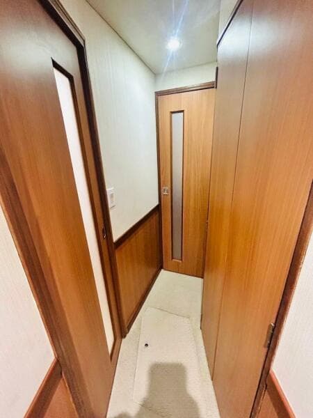 Interior hallway of 1988 Bertram 54' yacht with wooden doors and soft lighting.