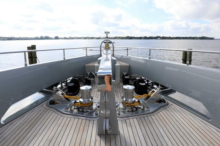 Bow of 2025 Majesty 120 yacht with winches and ocean view.