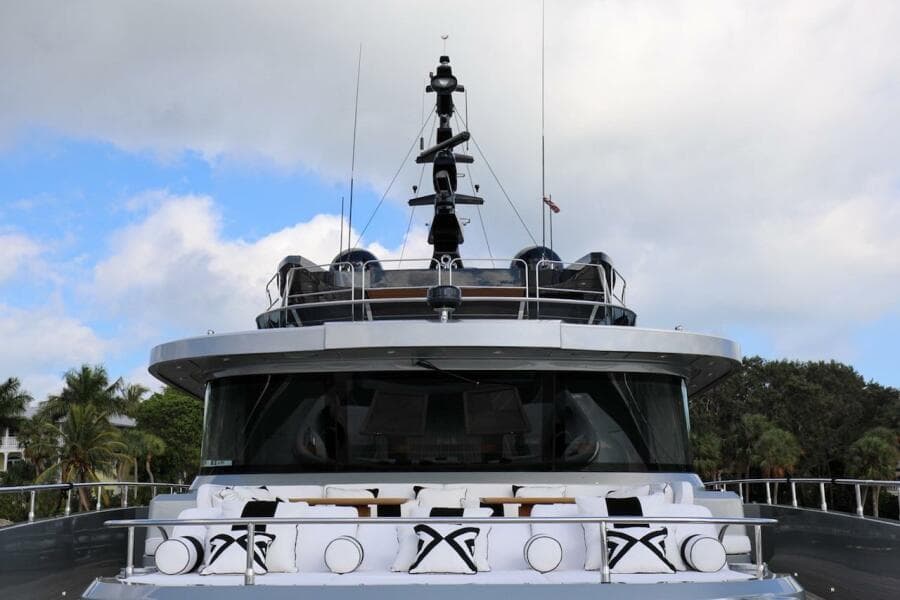 Majesty 120 yacht, 2025 model, front view with luxurious deck seating.