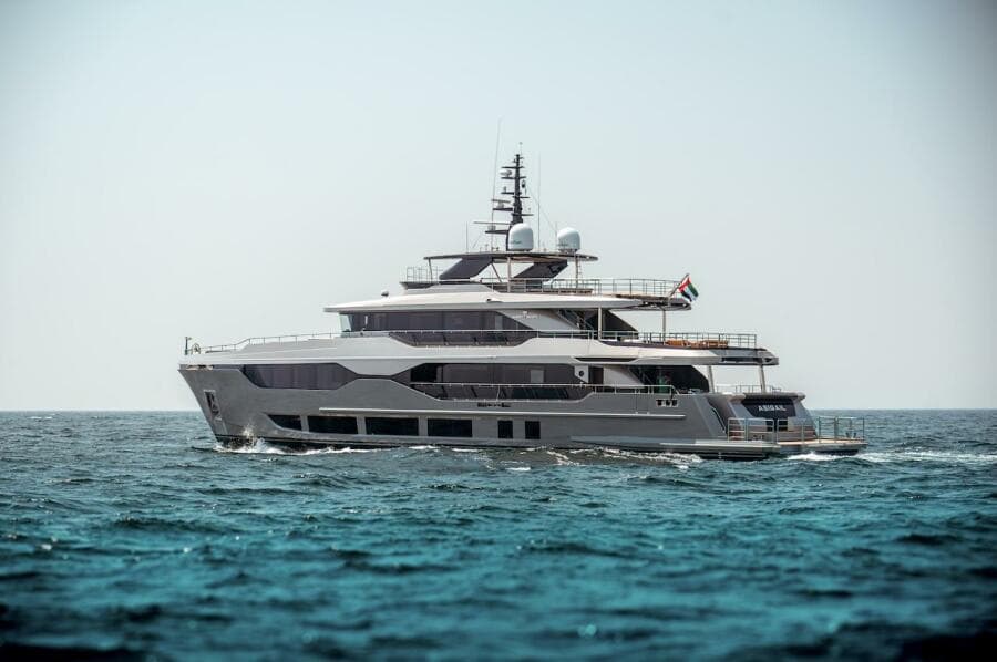 Luxury yacht Majesty 120, 2025 model, cruising on open sea.