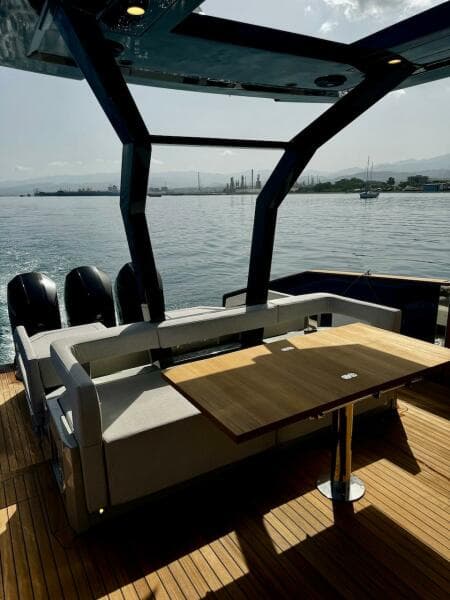 Luxury Aicon Audace 50 yacht interior, 2025 model, with sleek design and scenic ocean view.