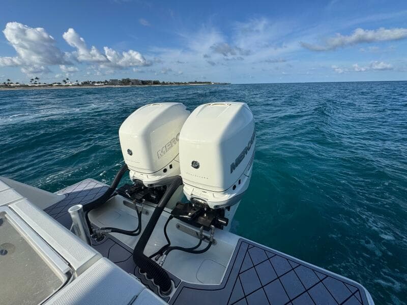 2017 SeaVee 340Z boat with twin outboard motors on open ocean.