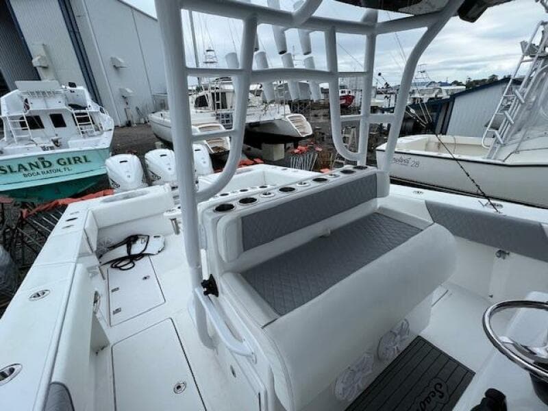 2020 SeaHunter 39 Tournament boat interior with seating and rod holders.