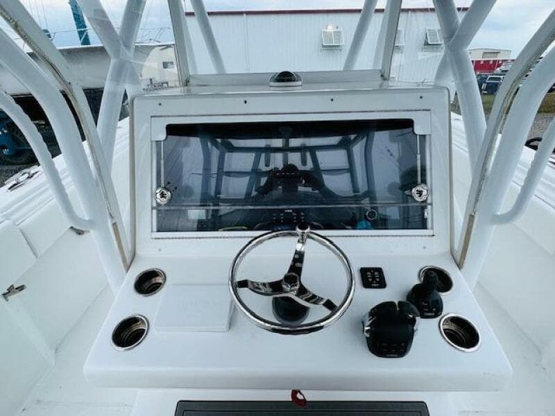 2020 SeaHunter 39 Tournament boat console with steering wheel and controls.