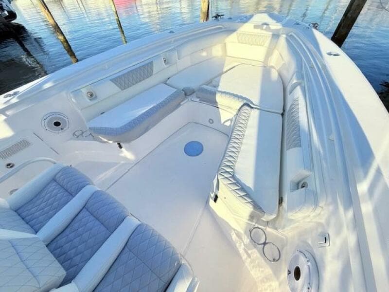 2014 Everglades 355 Center Console boat interior with luxurious seating and sleek design.