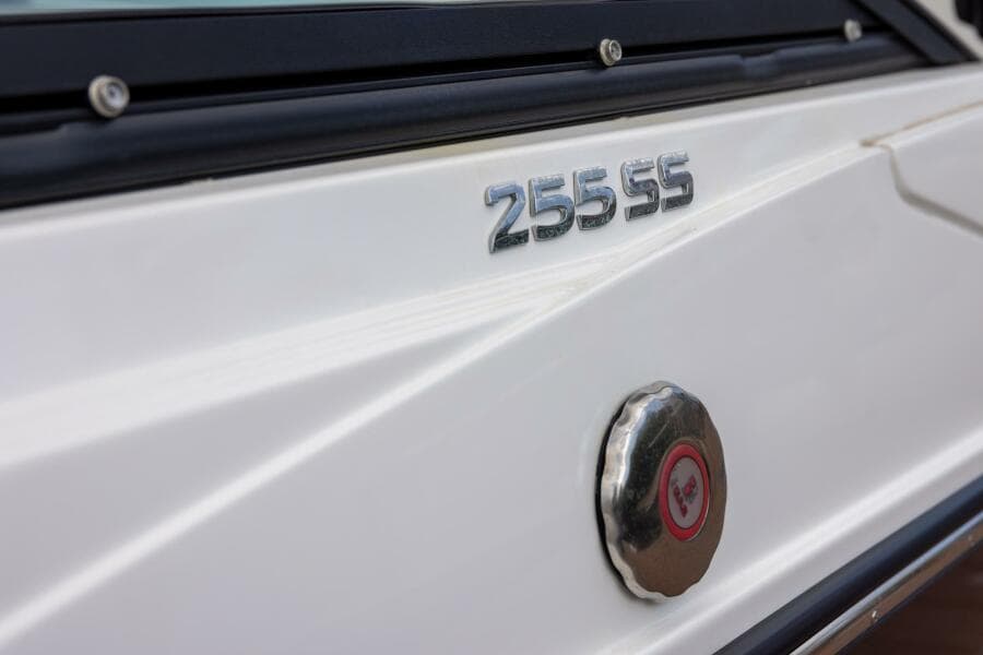 2023 Monterey 255 Super Sport boat exterior with model emblem and fuel cap.