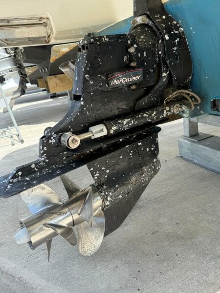 MerCruiser outdrive on 2014 Sea Ray 270 SLX, showing propeller and marine growth.