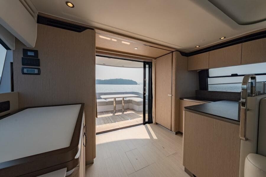 Luxurious interior of 2023 Azimut Fly 53 yacht with open deck view.