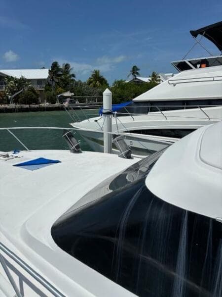 2006 Carver 43 Motor Yacht docked in sunny marina with palm trees.