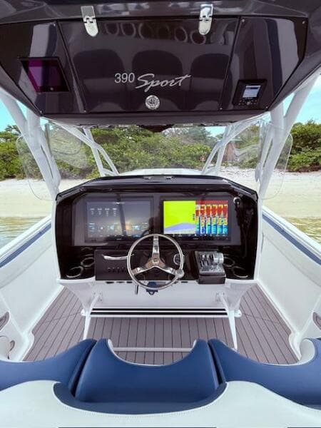 2022 Nor-Tech 390 Sport Center Console boat interior with advanced navigation system.