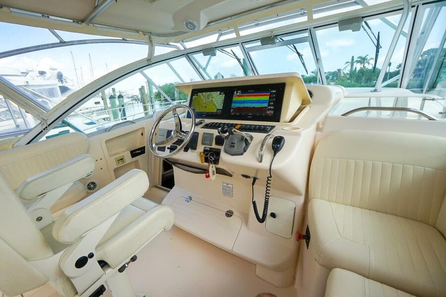 2007 Grady-White Express 360 helm with modern navigation system and comfortable seating.