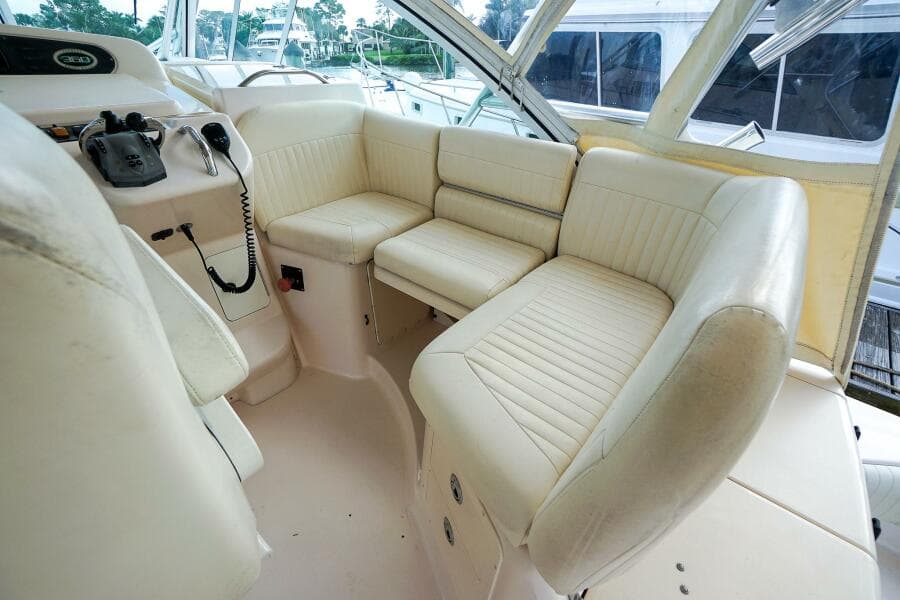 2007 Grady-White Express 360 boat interior with cream leather seating and helm controls.