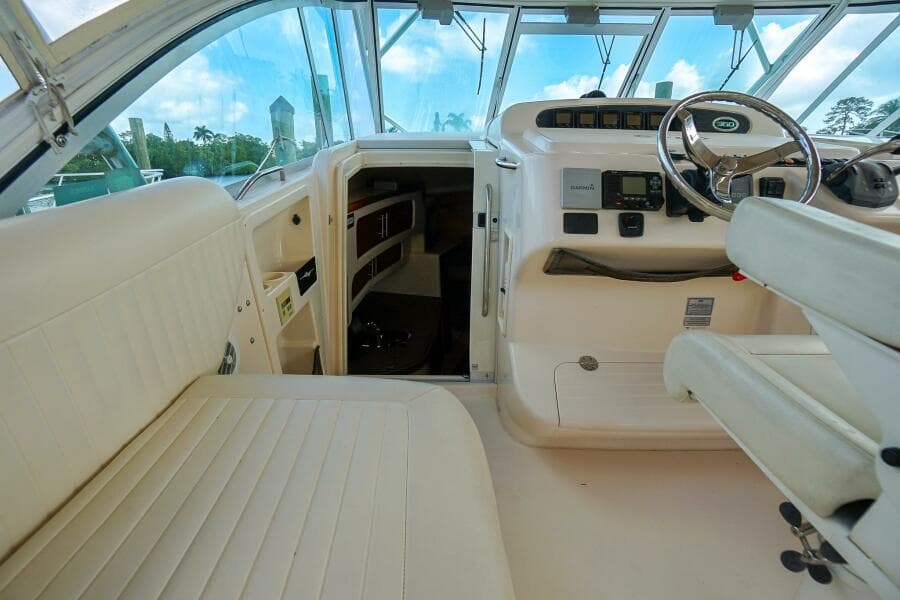 2007 Grady-White Express 360 boat interior with helm and seating area.