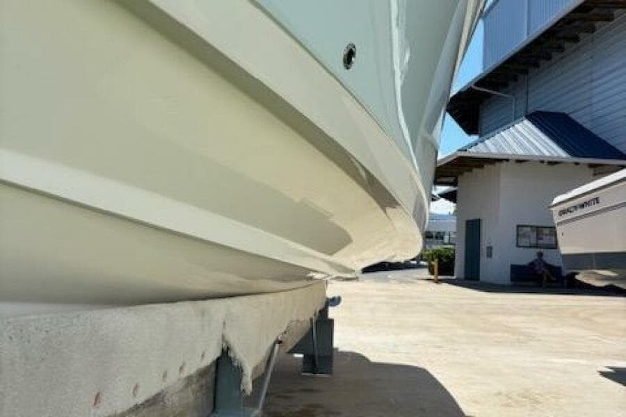 2018 Century 2600 Center Console boat on dry dock, side view.