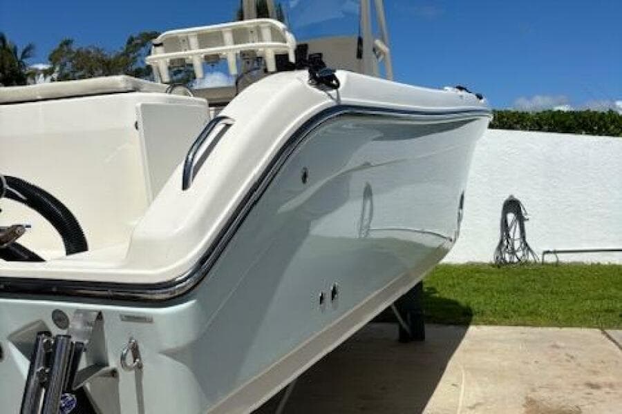 2018 Century 2600 Center Console boat on display, side view.