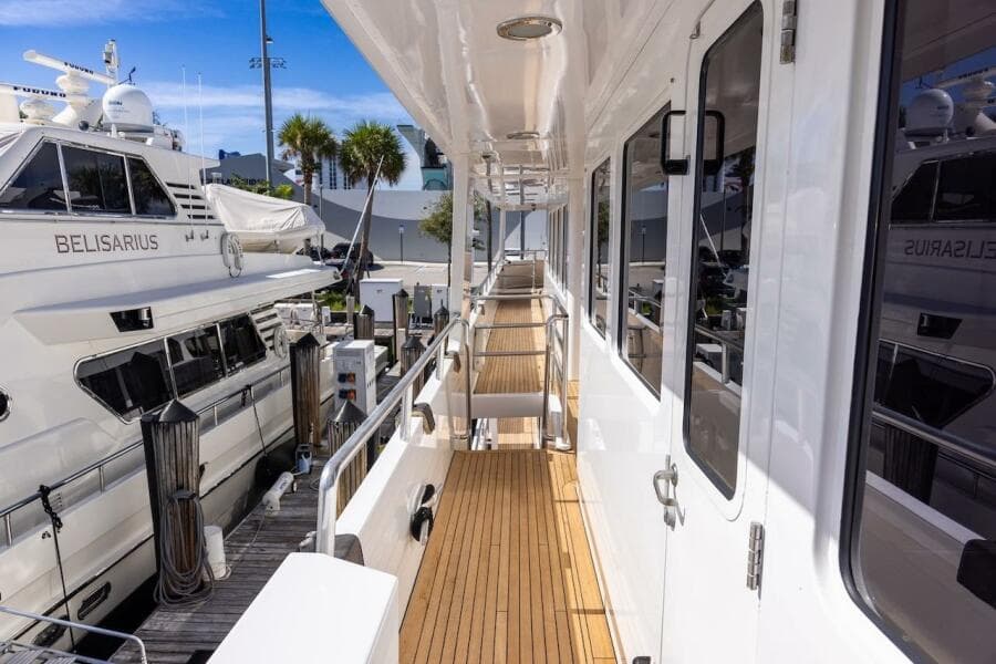 Side deck of 1996 ABD 90 Explorer yacht docked at marina.