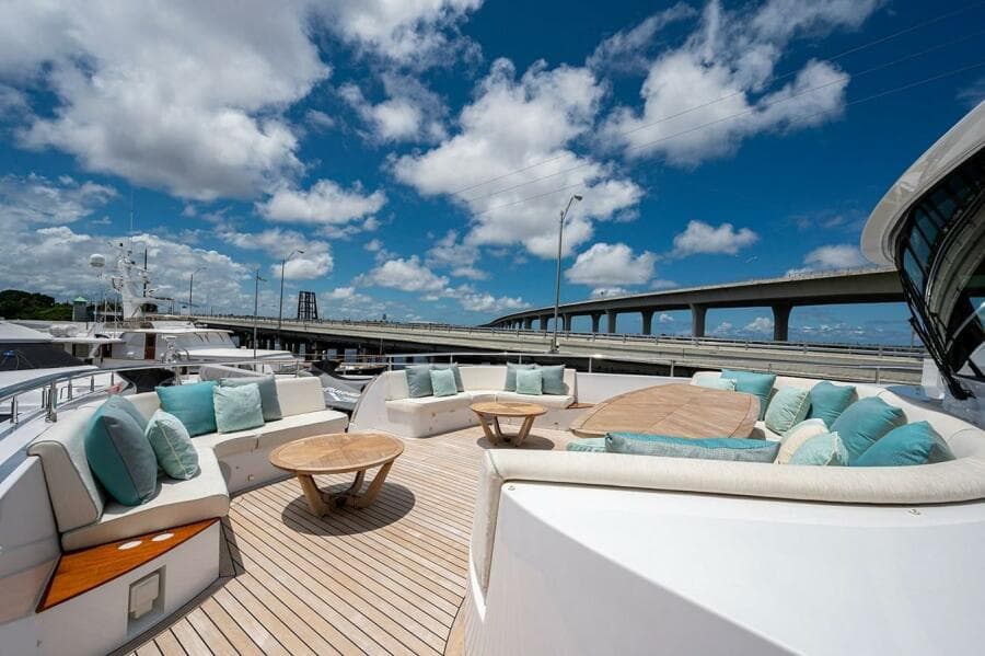 Luxurious 2020 Majesty 140 yacht deck with elegant seating and scenic views.