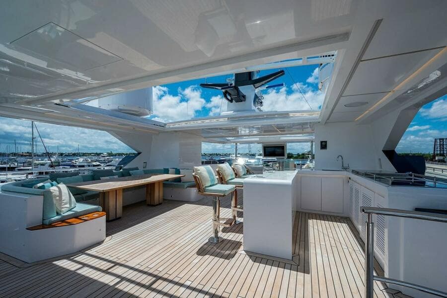 Luxurious 2020 Majesty 140 yacht deck with modern seating and open sky view.
