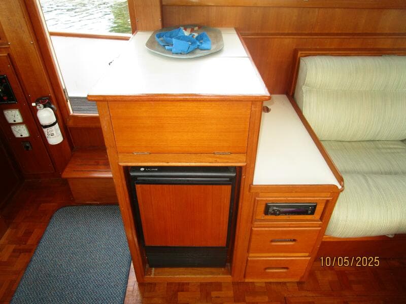 42' Grand Banks salon starboard cabinetry