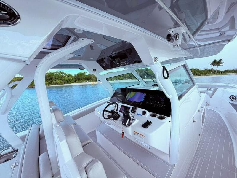 2024 Scout 400 LXF boat interior with advanced navigation system and luxurious seating.