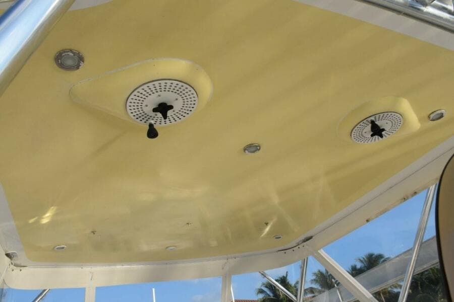 Hardtop With Blue Or White Lights. Flush Mounted Pancake Teaser Reels. Underside Color Of Hardtop Matches Hull.
