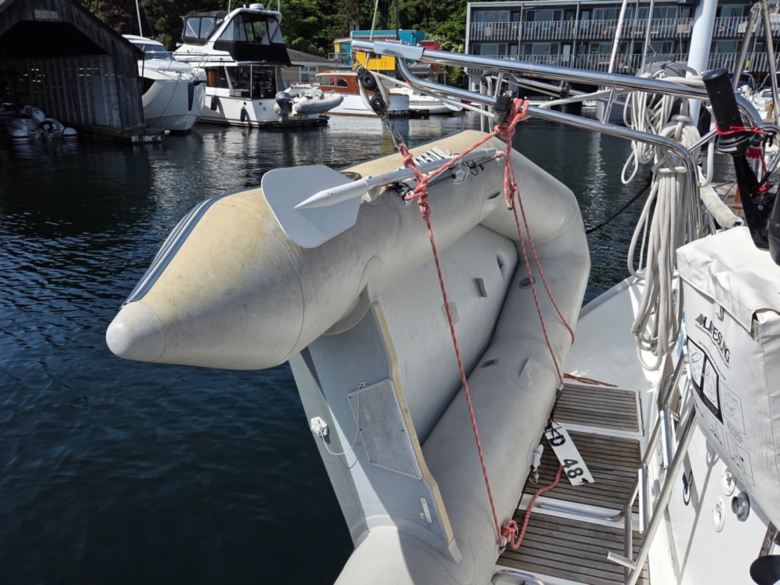 Inflatable dinghy secured on a 2000 Beneteau Oceanis 411 