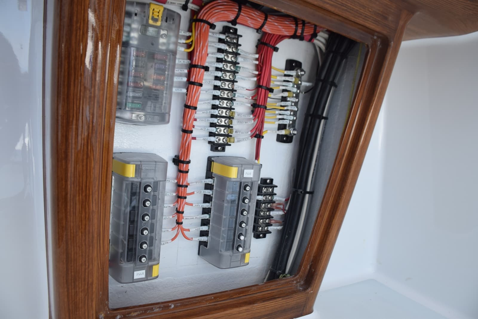 Beautiful Wiring To Breakers Behind Helm Console Door.