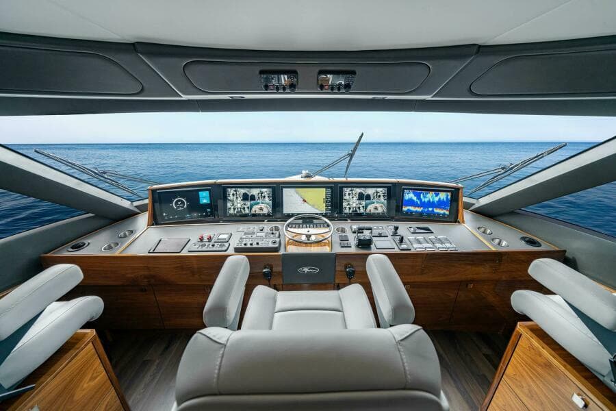Viking 82 Skybridge - Enclosed Bridge Interior Helm