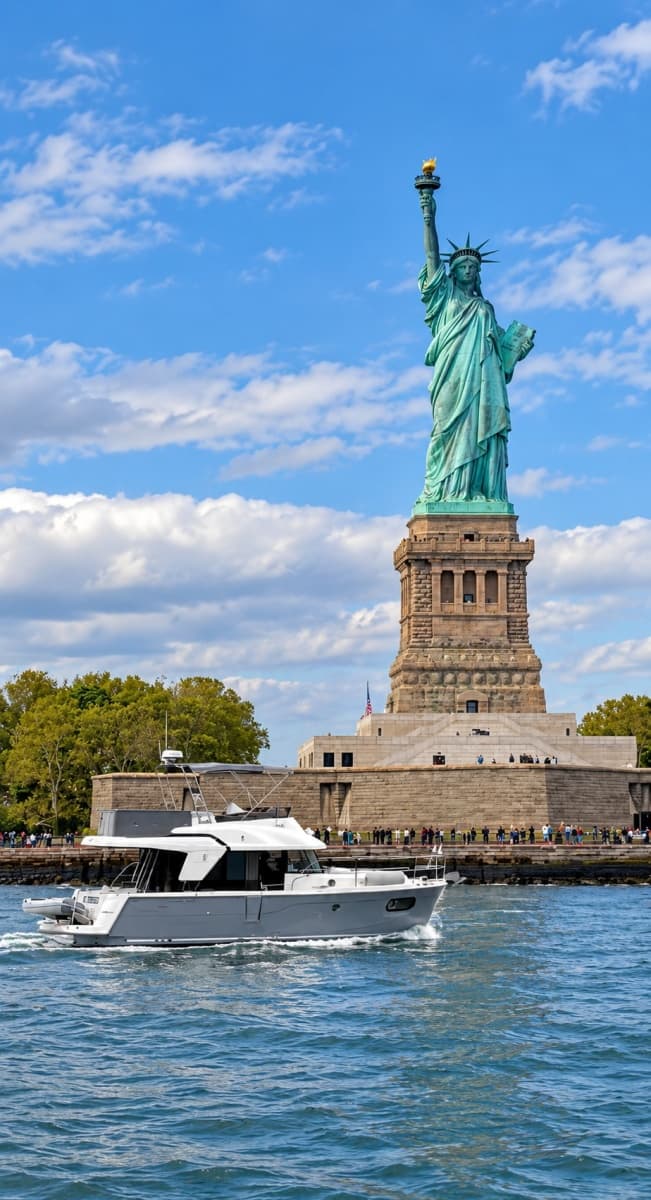 Beneteau Swift Trawler 35 cruising near the Statue of Liberty