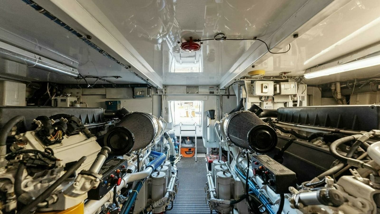 2007 Hatteras 64 Convertible CHUPACABRA Engine Room with Twin Engines