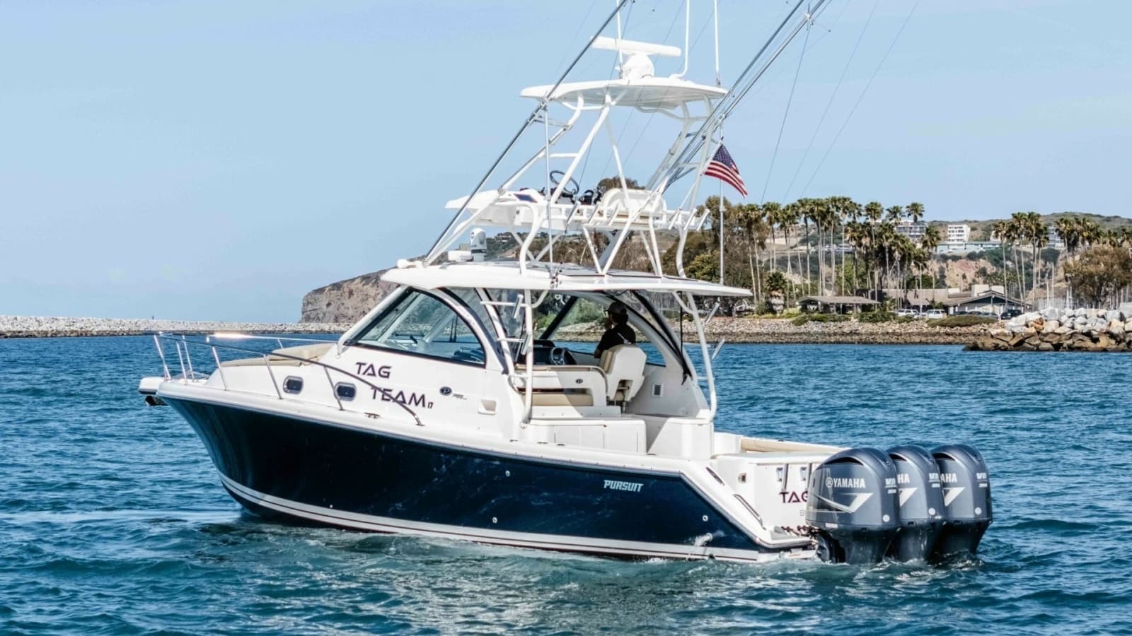 2018 Pursuit 385 Offshore "TAG TEAM" - Aft View with Triple Outboards