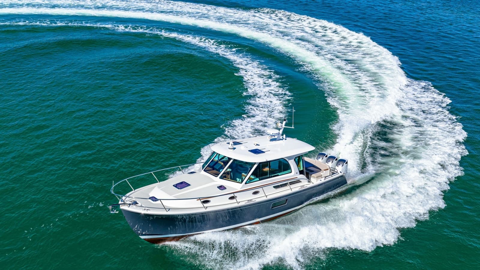 Aerial View of Back Cove 390 in Motion