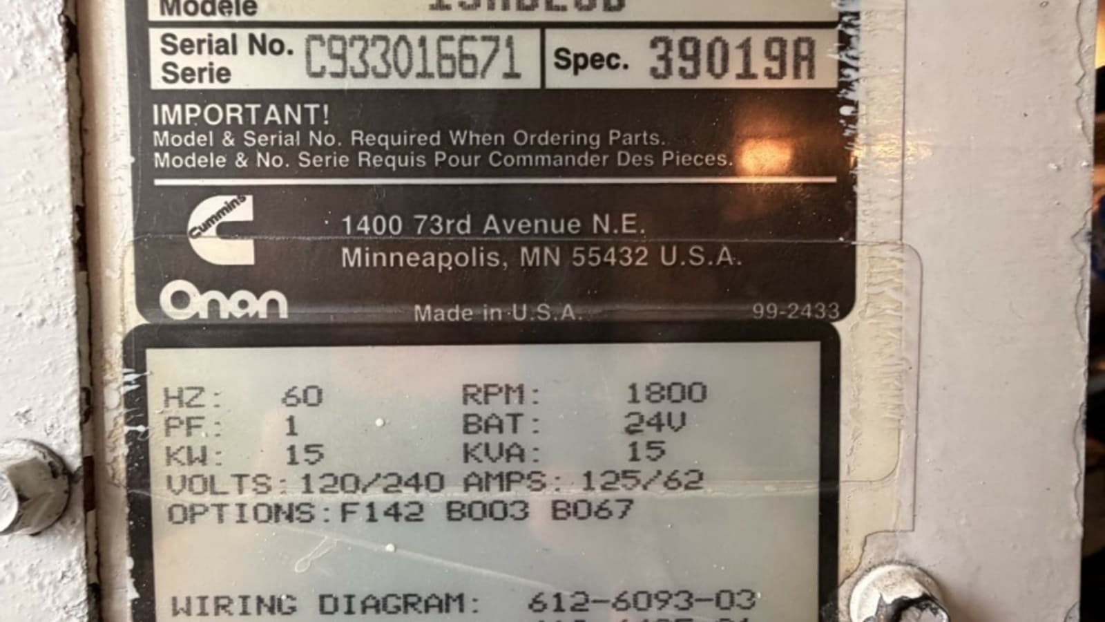 1994 Viking 50 Convertible "Wild Rice" - Onan Generator Data Plate