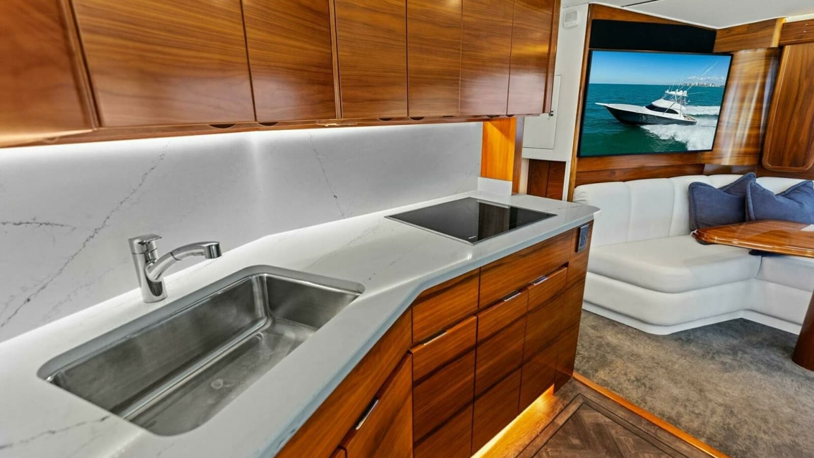 2023 Viking 54 Convertible "Olde Floridian" - Galley and Salon with L-Shaped Seating