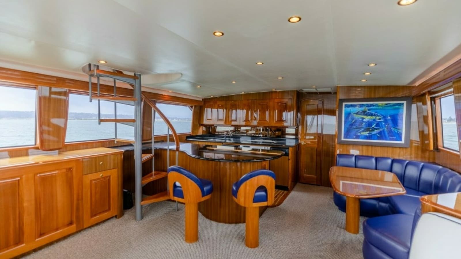 2006 Viking 74 Enclosed Bridge "KickBack" - Salon with Steps Leading Up to the Enclosed Bridge