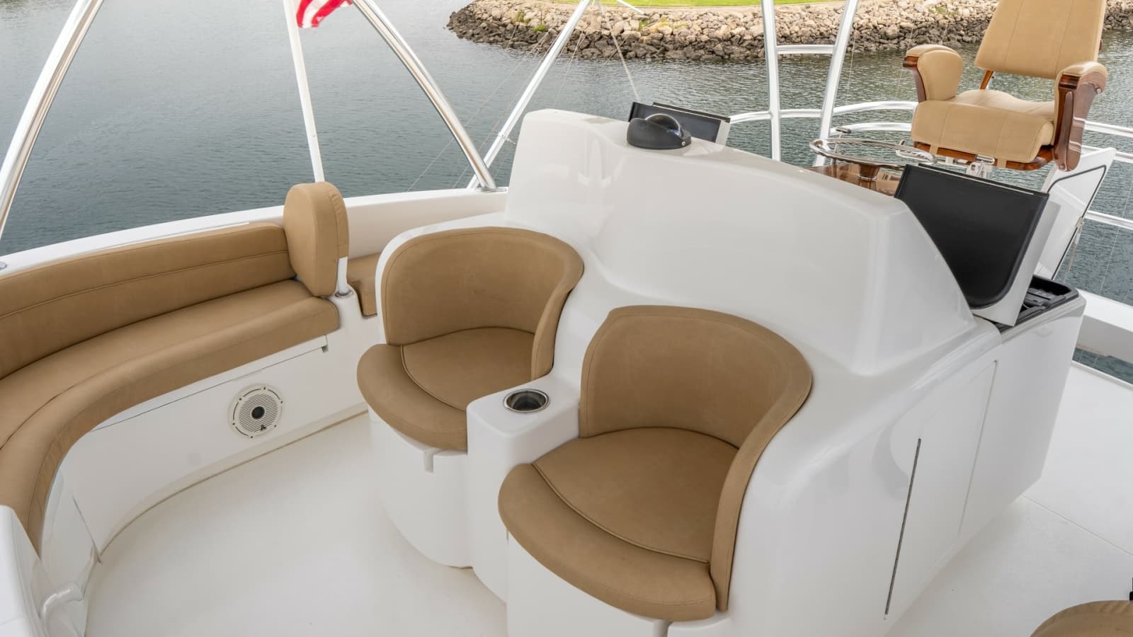 2020 Viking 92 Skybridge "After Midnight" - Skybridge Seating and Helm Station.