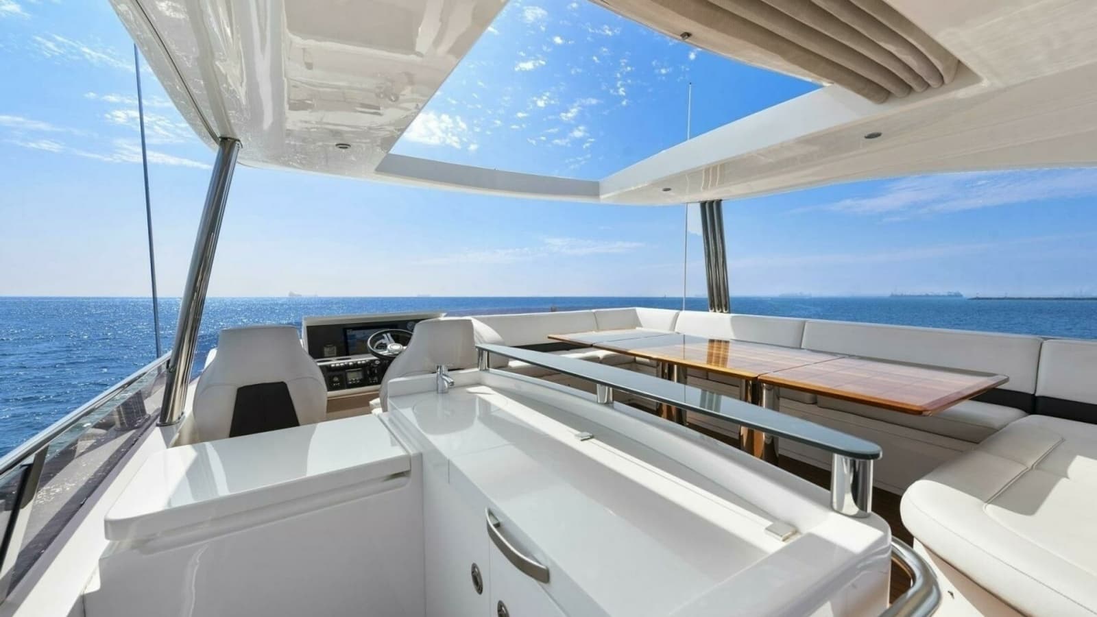 2015 Princess 72 Motor Yacht "LA-Z-BUOY" Flybridge Outdoor Galley Secured, Flybridge Helm Station, & Dining Area