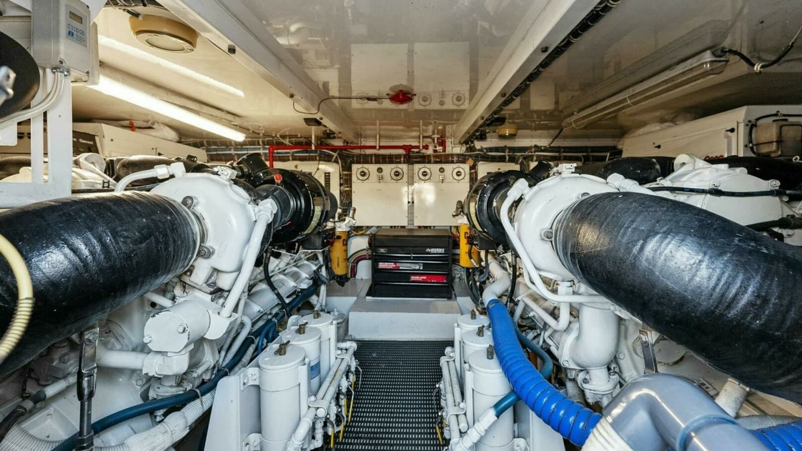 2007 Hatteras 64 Convertible CHUPACABRA Engine Room with Dual Engines